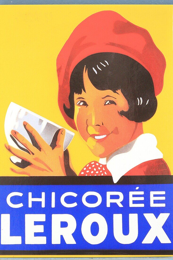 Frankreich, Nord, Orchies, Zichorienmuseum Leroux, alte Werbung (Mitte 20. Jahrhundert) für Zichorien Leroux