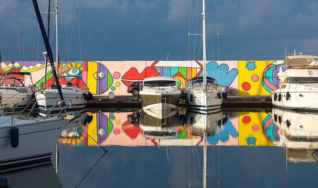 France, Var, Saint Raphael, Santa Lucia harbour, Mural painting by Florence Levy