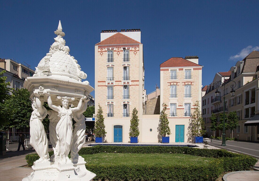 France, Hauts de Seine, Puteaux, white Wallace fountain and Theater square