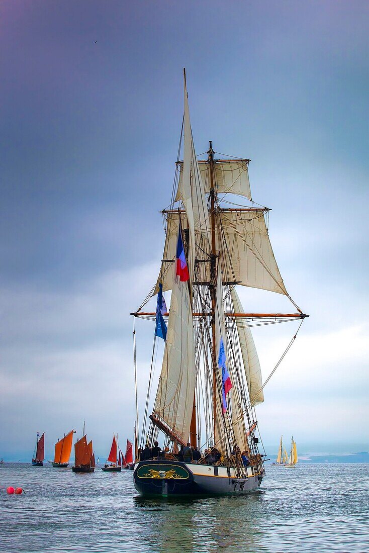 France, Finistere, Douarnenez, Festival Maritime Temps Fête, La Recouvrance, traditional sailboat on the port of Rosmeur