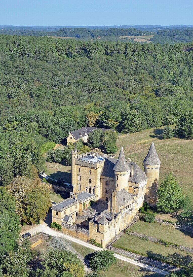 France, Dordogne, Dordogne valley, Perigord Noir, Marquay, Puymartin castle (aerial view)