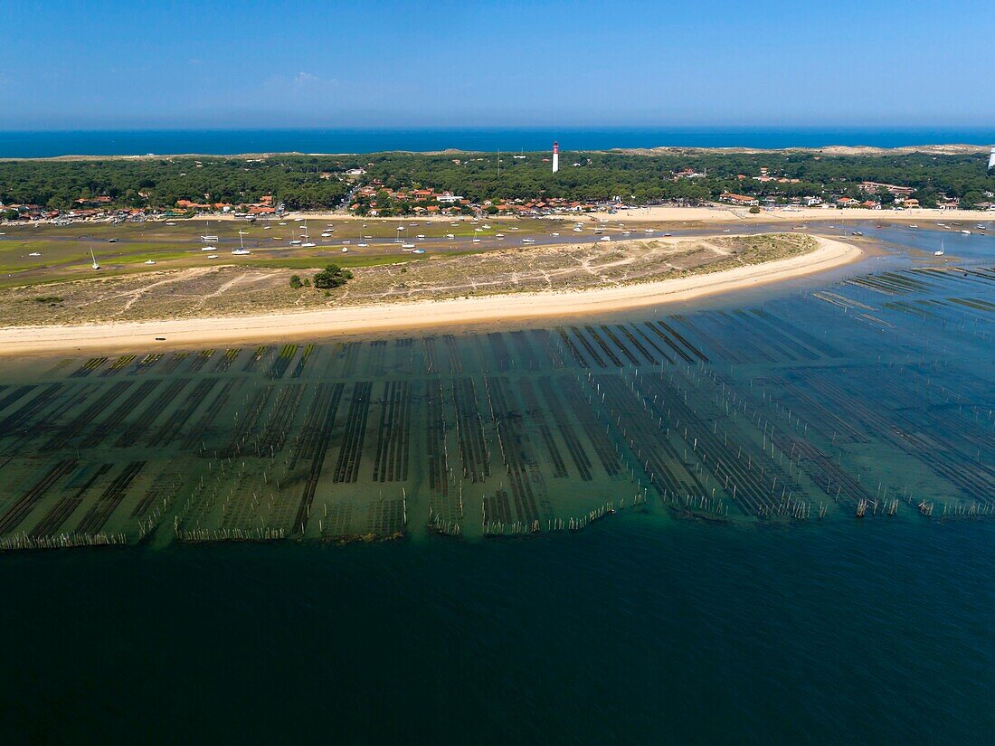 France, Gironde, Bassin d'Arcachon, lege-cap-ferret, the conch of Mimbeau and its oyster parks (aerial view)