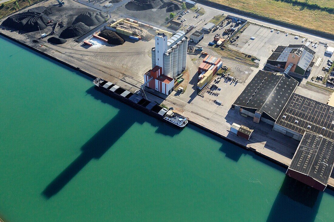 France, Isere, Salaise sur Sanne, industrial and port site of Salaize Sablons, Le Rhone (aerial view)