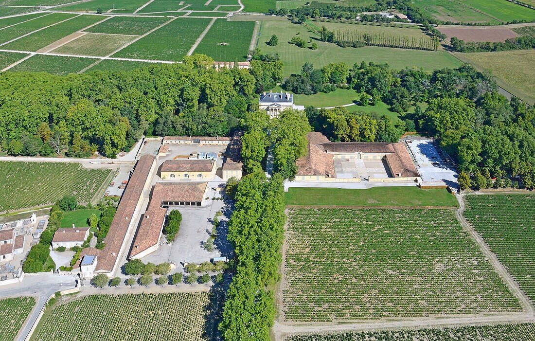 France, Gironde, Margaux, Chateau Margaux in Medoc region where Premier Grand Cru wine is produced (aerial view)