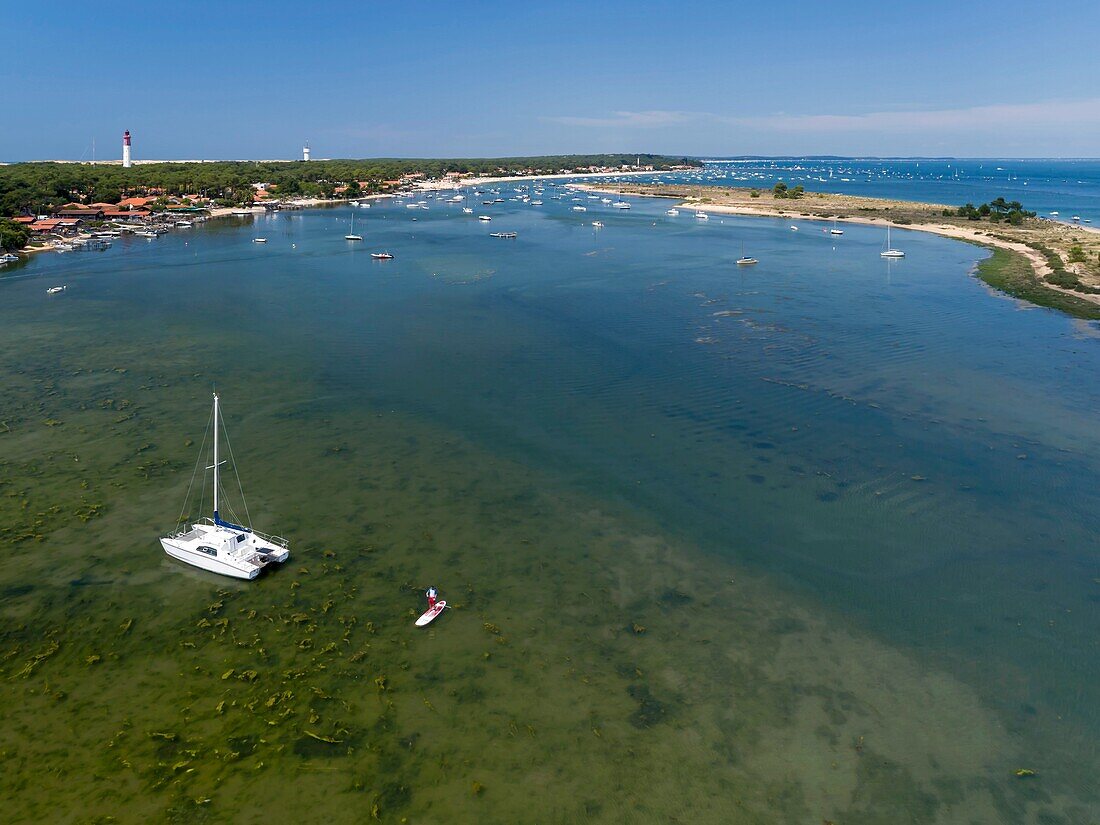 France, Gironde, Bassin d'Arcachon, lege-cap-ferret, the conch of Mimbeau, La Cabane du Mimbeau (aerial view)