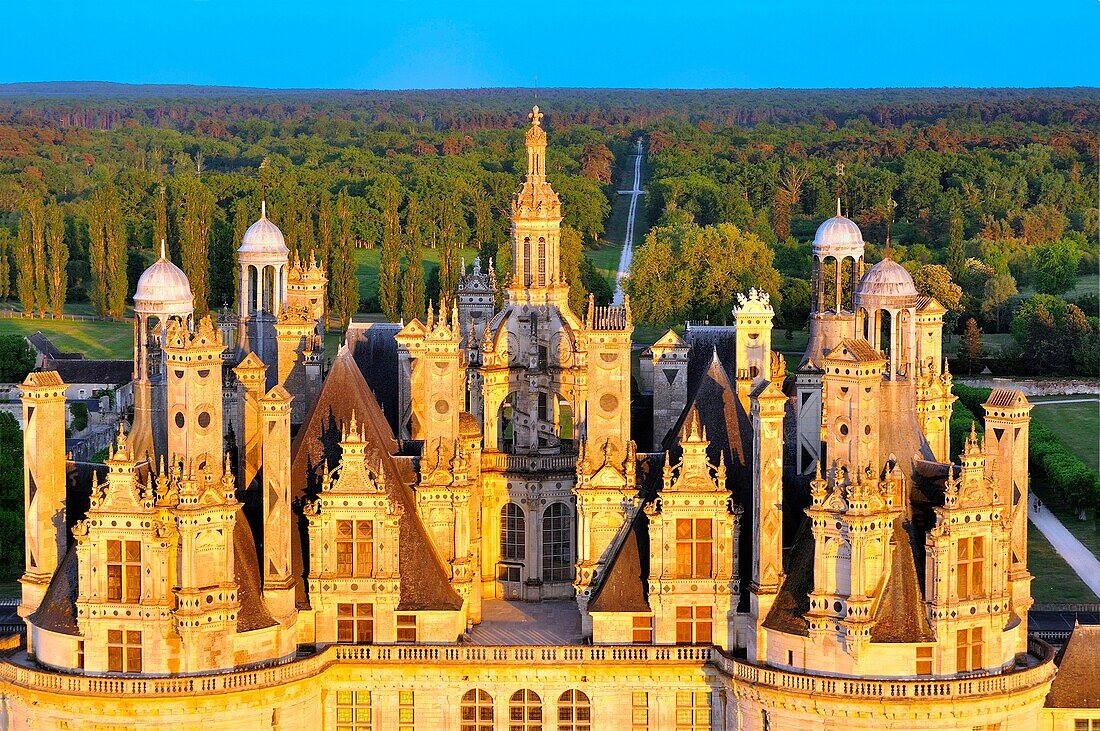 France, Loir et Cher, Loire valley listed as World Heritage by UNESCO, Chambord, the castle (aerial view)
