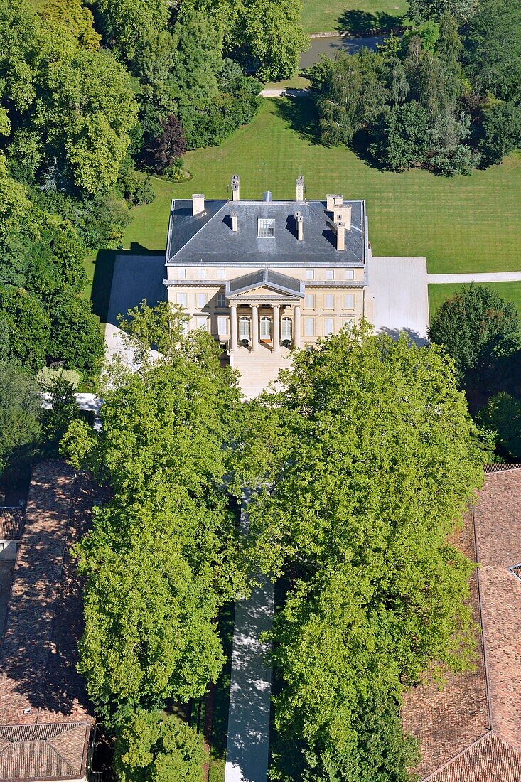 France, Gironde, Margaux, Chateau Margaux in Medoc region where Premier Grand Cru wine is produced (aerial view)