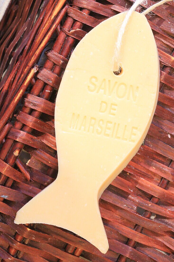 France, Bouches du Rhone, Marseille, Panier district, store 72% Petanque, Marseille soap in the shape of a fish