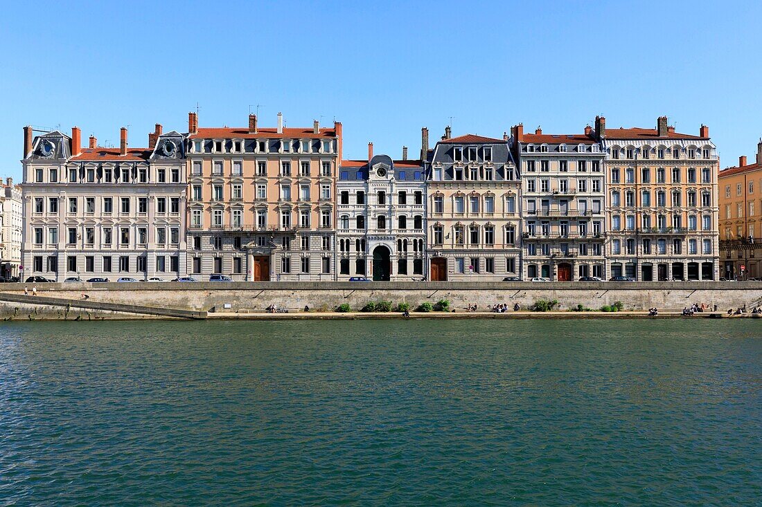 France, Rhone, Lyon, 2nd district, Bellecour district, historical site classified World Heritage by UNESCO, quai Tilsitt, La Saône