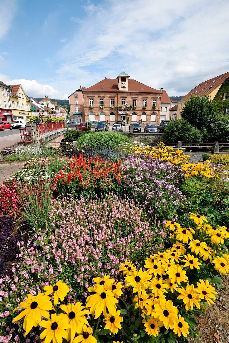 France, Vosges, Fraize, town hall dating from 1858, bridge, river Meurthe, flowering