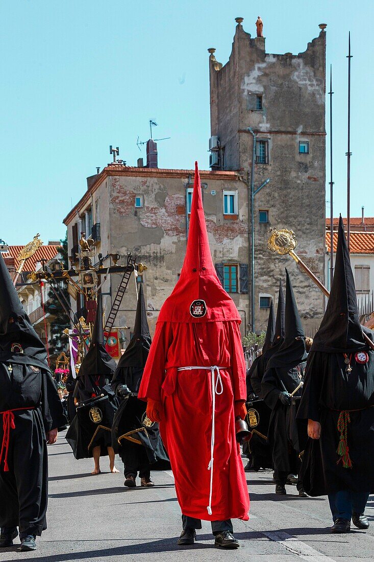 France, Pyrenees Orientales, Perpignan, Sanch procession on the streets of the historic old town of Perpignan