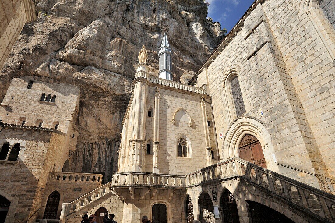 France, Lot, Haut Quercy, Rocamadour, medieval religious city with its sanctuaries and step of the road to Santiago de Compostela, Notre Dame of Rocamadour sanctuary, parvis churches and chapel Our Lady