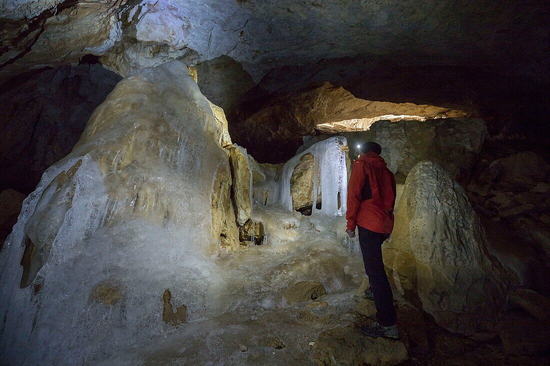 France, Drome, Vercors Regional Natural Park, plateau of Font d'Urle, ice stalactites of the Font d'Urle cooler