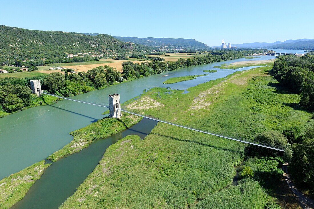 France, Ardeche, Rochemaure, the footbridge on the Rhone, downstream of the Rochemaure dam (aerial view)