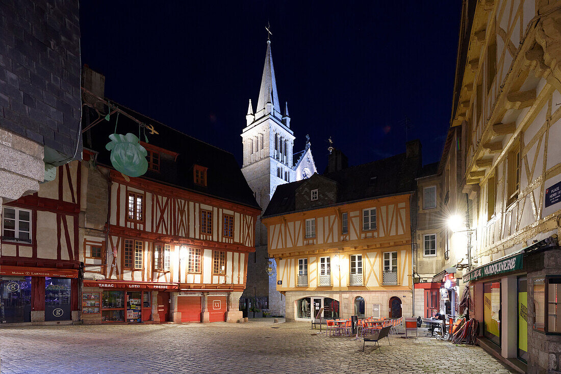 France, Morbihan, Gulf of Morbihan, Vannes, the medieval old town, timbered houses on Henri the fourth square and Saint Pierre Cathedral