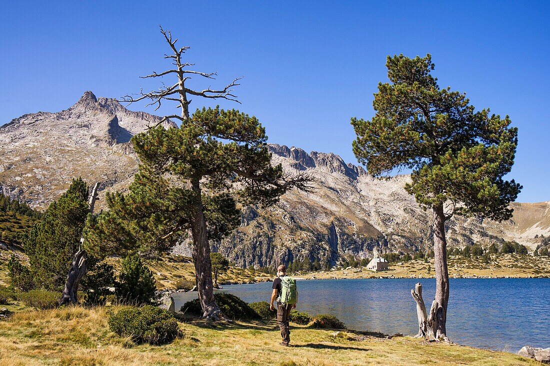 France, Hautes Pyrenees, Neouvielle Nature Reserve, Neouvielle massif (3091m) and Aumar Lake, GR10 hiking trail