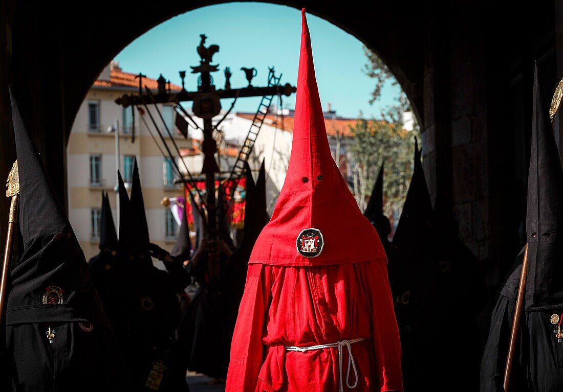 France, Pyrenees Orientales, Perpignan, Sanch procession on the streets of the historic old town of Perpignan