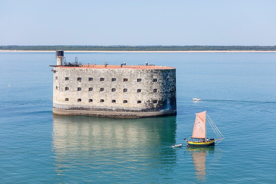 France, Charente Maritime, Fort Boyard, sailing boat and the fort (aerial view)