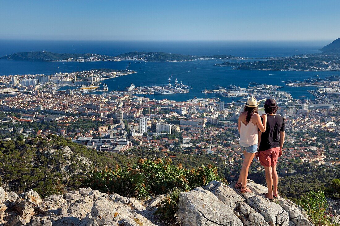 France, Var, Toulon, the Rade (Roadstead) and the naval base from Mount Faron, the peninsula of Saint Mandrier, Tamaris and Cape Sicie in the background
