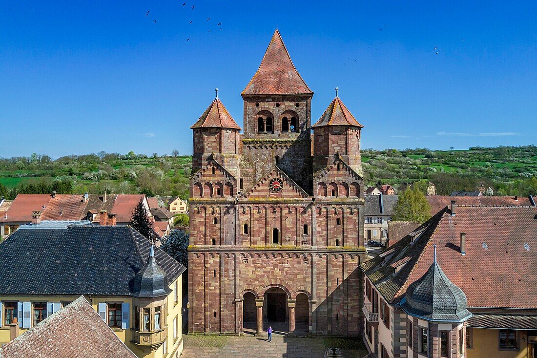 France, Bas Rhin, Marmoutier, Roman abbey church dated 6th century, western Facade in red sandstone from Vosges Mountains (aerial view)