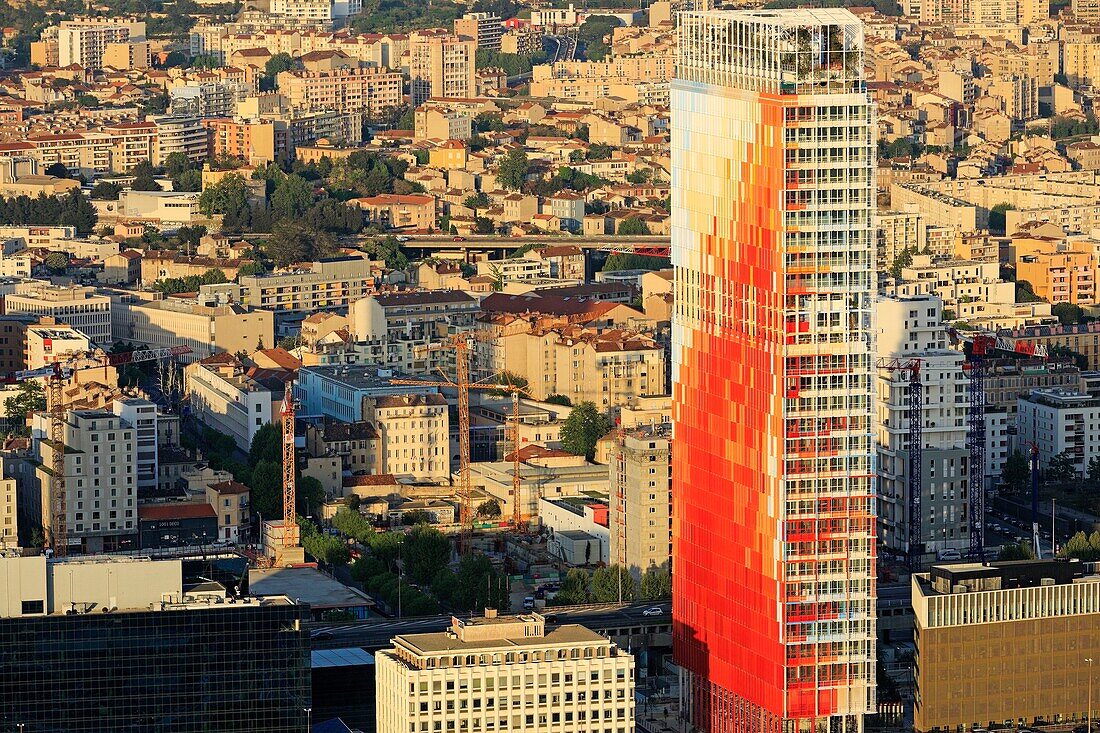 France, Bouches du Rhone, Marseille, 2nd district, Euroméditerranée area, Arenc district, La Marseillaise tower, architect Jean Nouvel, Villette and Saint Mauront district in the background (aerial view)