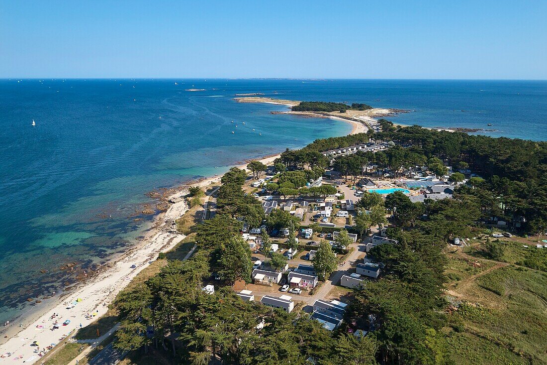 France, Morbihan, Presqu'ile de Quiberon, la cote sauvage (the wild coast), Quiberon, Pointe du Conguel, Conguel Campsite (aerial view)