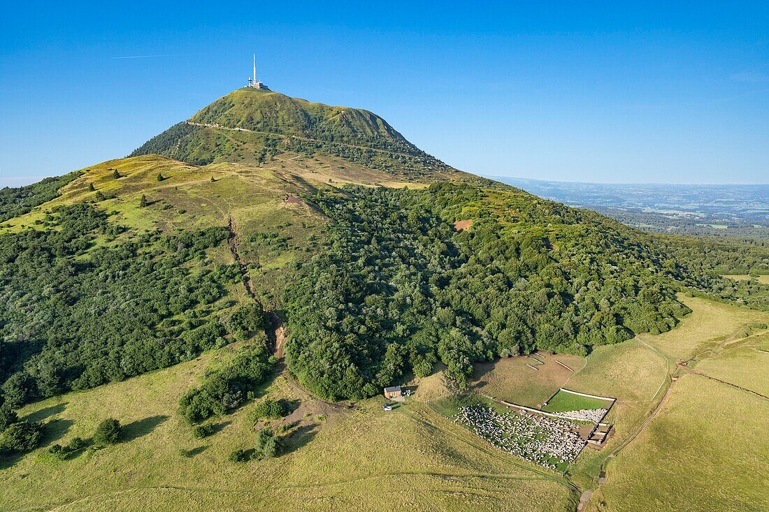 France, Puy de Dome, Orcines, Regional Natural Park of the Auvergne Volcanoes, the Chaîne des Puys, listed as World Heritage by UNESCO, the Puy de Dome volcano (aerial view)