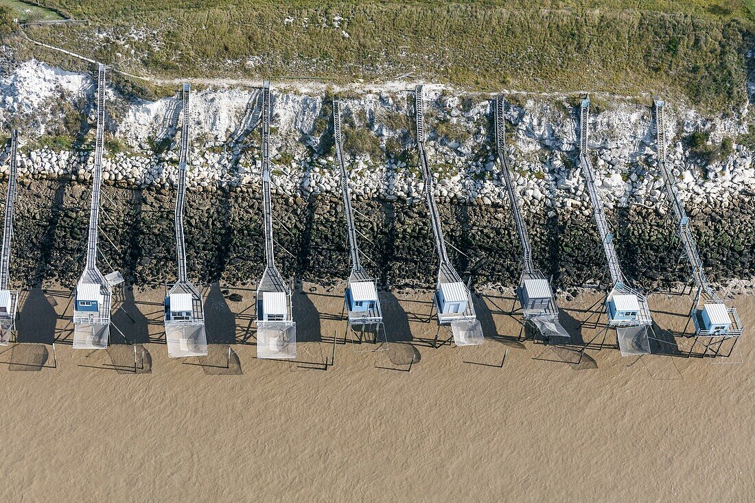 France, Charente Maritime, Talmont sur Gironde, fishing cabins on the Gironde river (aerial view)