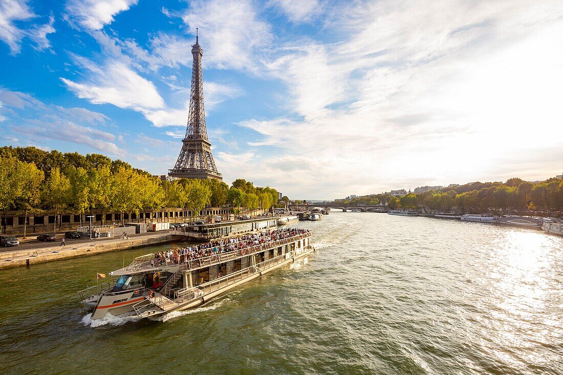 France, Paris, the banks of the Seine listed as World Heritage by UNESCO, a fly boat passes in front of the Eiffel Tower