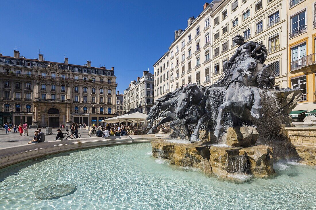 France, Rhone, Lyon, historical site listed as World Heritage by UNESCO, Place des Terreaux, Bartholdi Fountain
