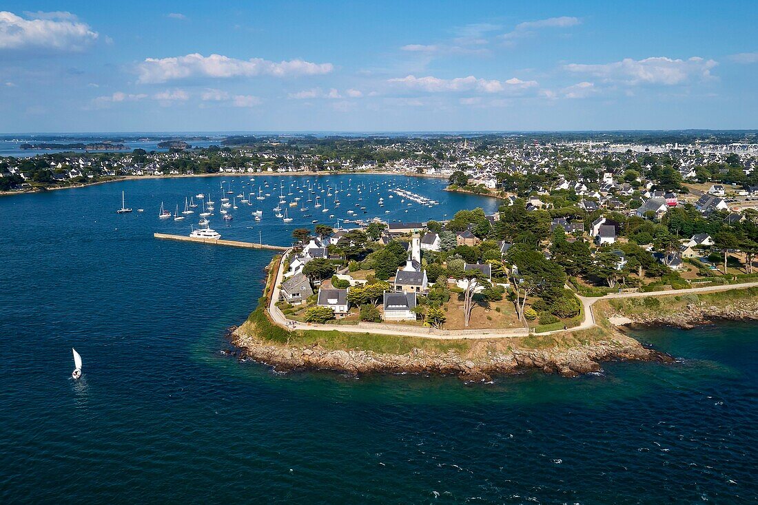 France, Morbihan, Gulf of Morbihan, Regional Natural Park of the Gulf of Morbihan, Quiberon bay, Rhuys Peninsula, Arzon, Port Navalo at entry of the Golfe du Morbihan (aerial view)