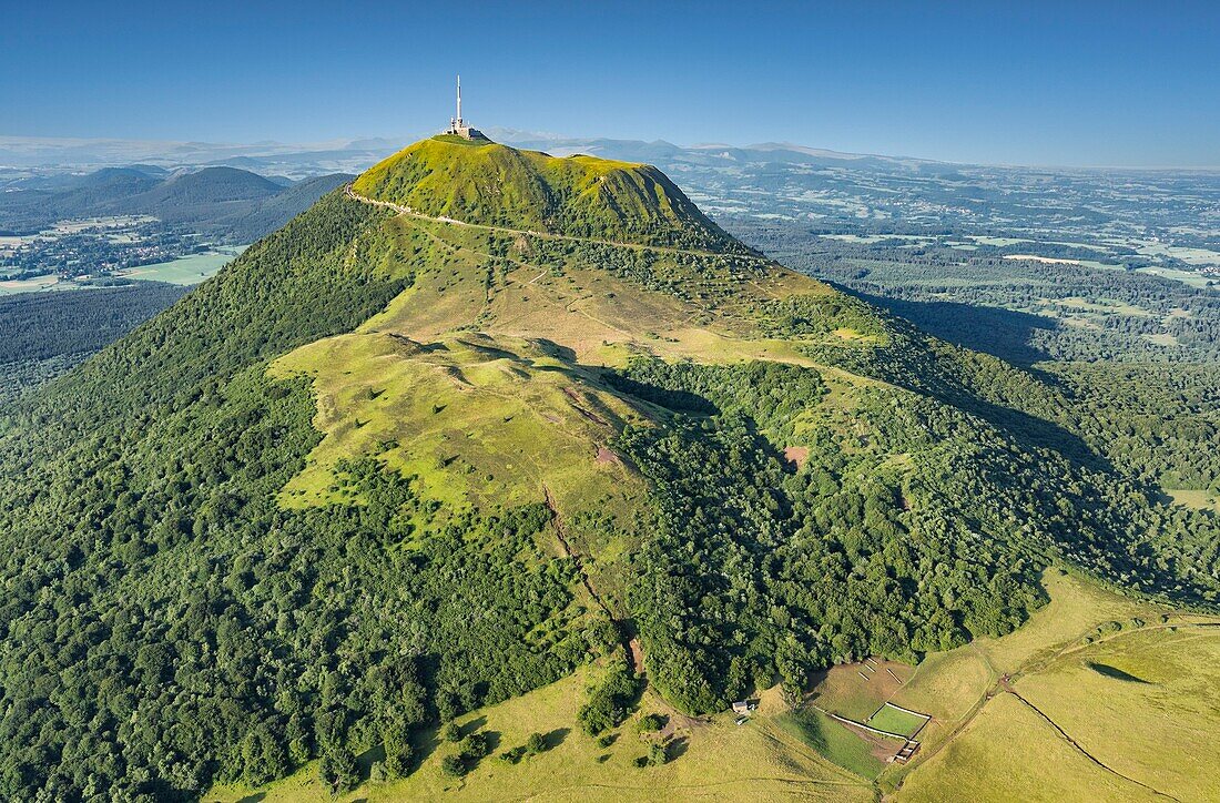 France, Puy de Dome, Orcines, Regional Natural Park of the Auvergne Volcanoes, the Chaîne des Puys, listed as World Heritage by UNESCO, the Puy de Dome volcano (aerial view)