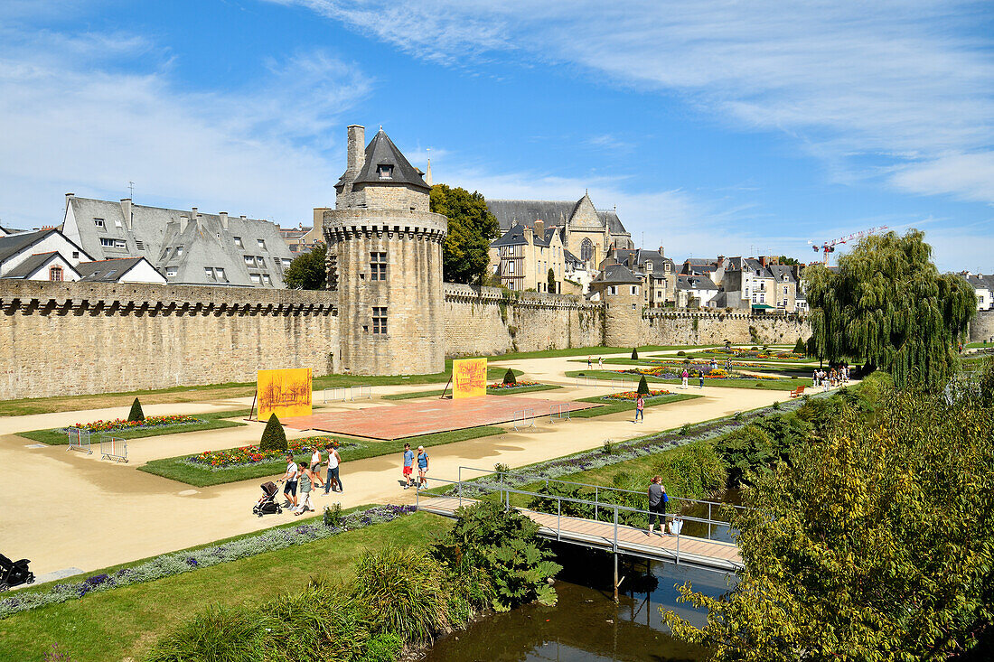 France, Morbihan, Gulf of Morbihan, Vannes, general view of the ramparts, connetable tower (commander of the French Tower) and cathedral St-Pierre in the background