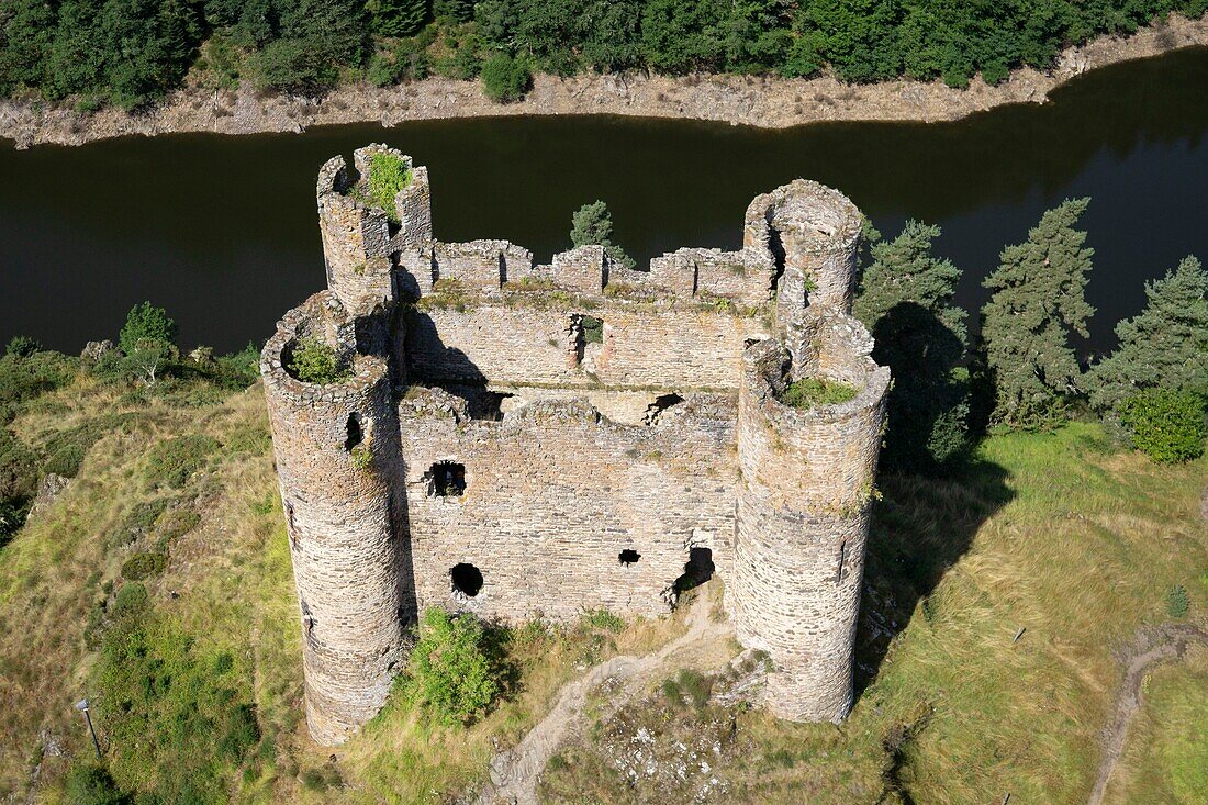 Frankreich, Cantal, Alleuze, Schloss von Alleuze, Burg aus dem 14. Jahrhundert, Stausee Grandval (Luftaufnahme)