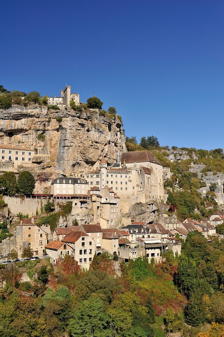 France, Lot, Haut Quercy, Rocamadour, medieval religious city with its sanctuaries overlooking the Canyon of Alzouet and step of the road to Santiago de Compostela