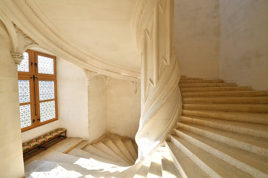 France, Charente , La Rochefoucauld , Castle overlooking the Tardoire, grand spiral staircase that may have been designed by Leonardo da Vinci