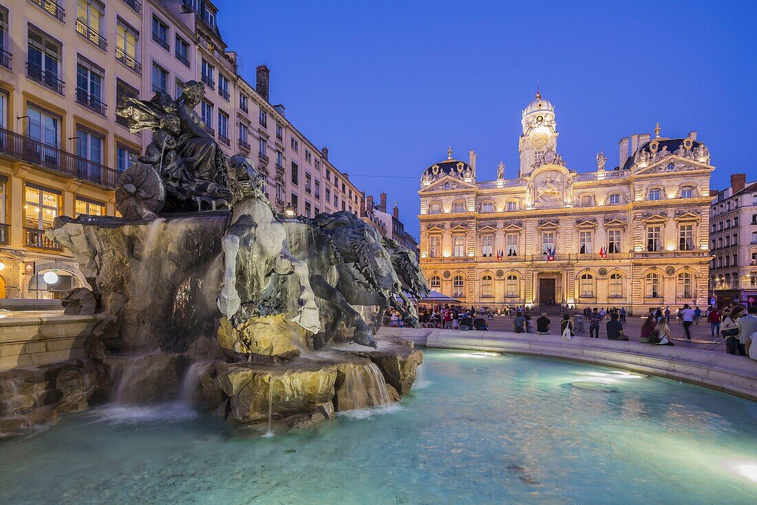 France, Rhone, Lyon, historical site listed as World Heritage by UNESCO, Place des Terreaux, City Hall, Bartholdi Fountain