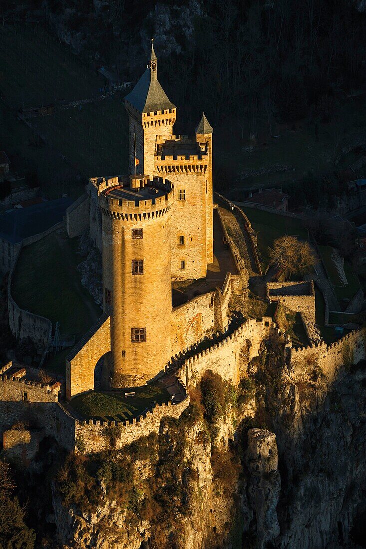 France, Pyrenees, Ariege, Foix, aerial view of the town of Foix and its castle