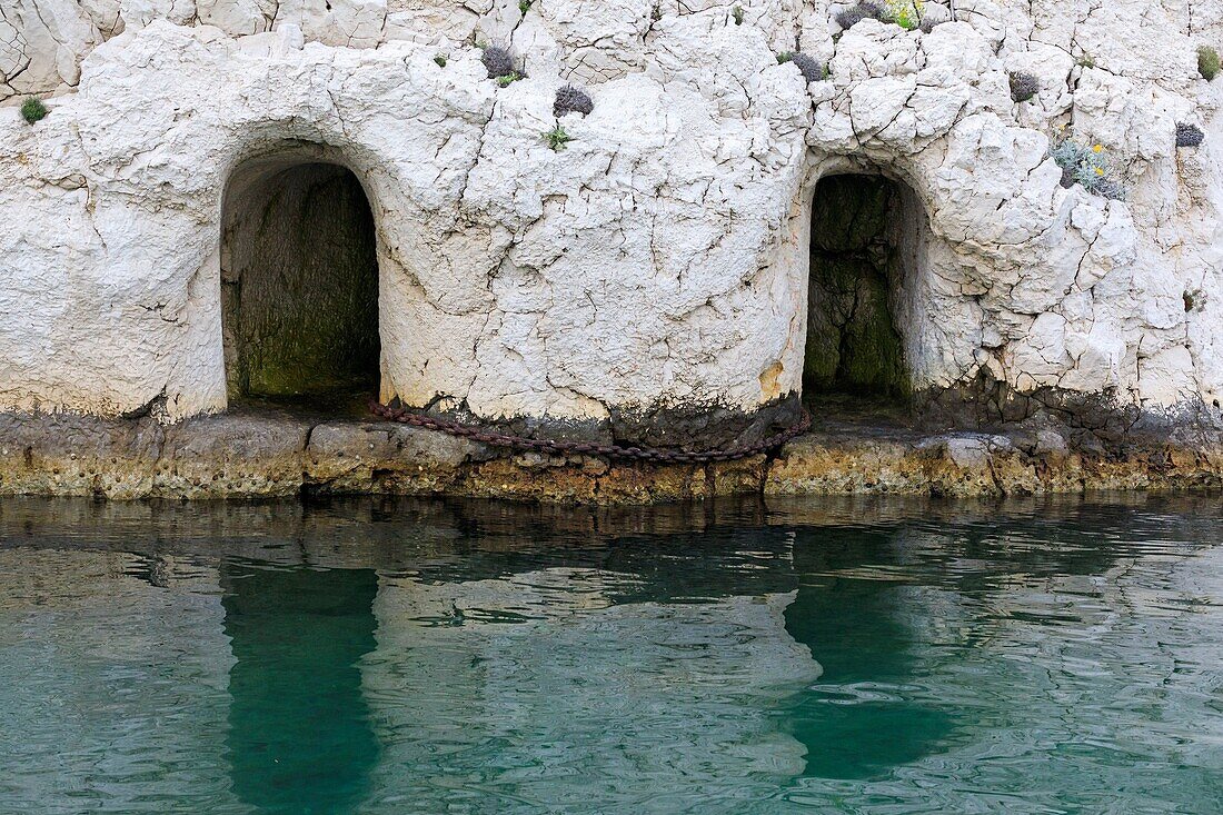 France, Bouches du Rhone, Calanques National Park, Marseille, 7th district, Frioul Islands archipelago, Pomègues island, port of Pomègues, moorings dating from the 15th century