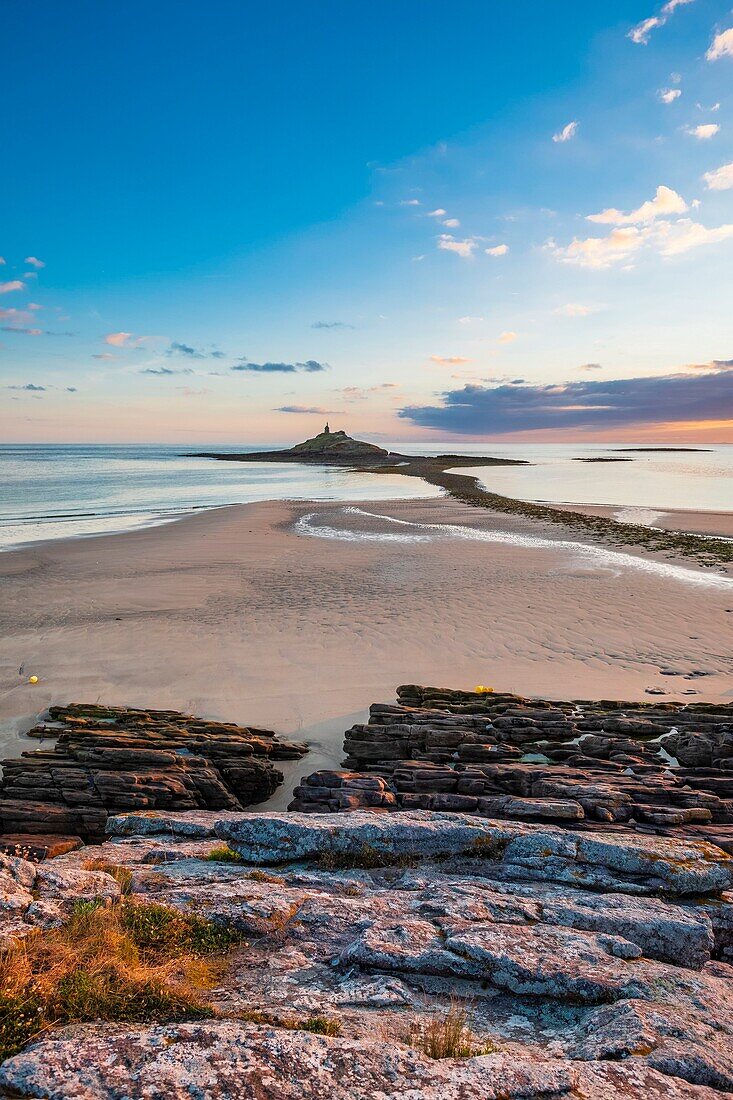 France, Cotes d'Armor, Erquy, Saint Michel islet and chapel from Saint Michel beach