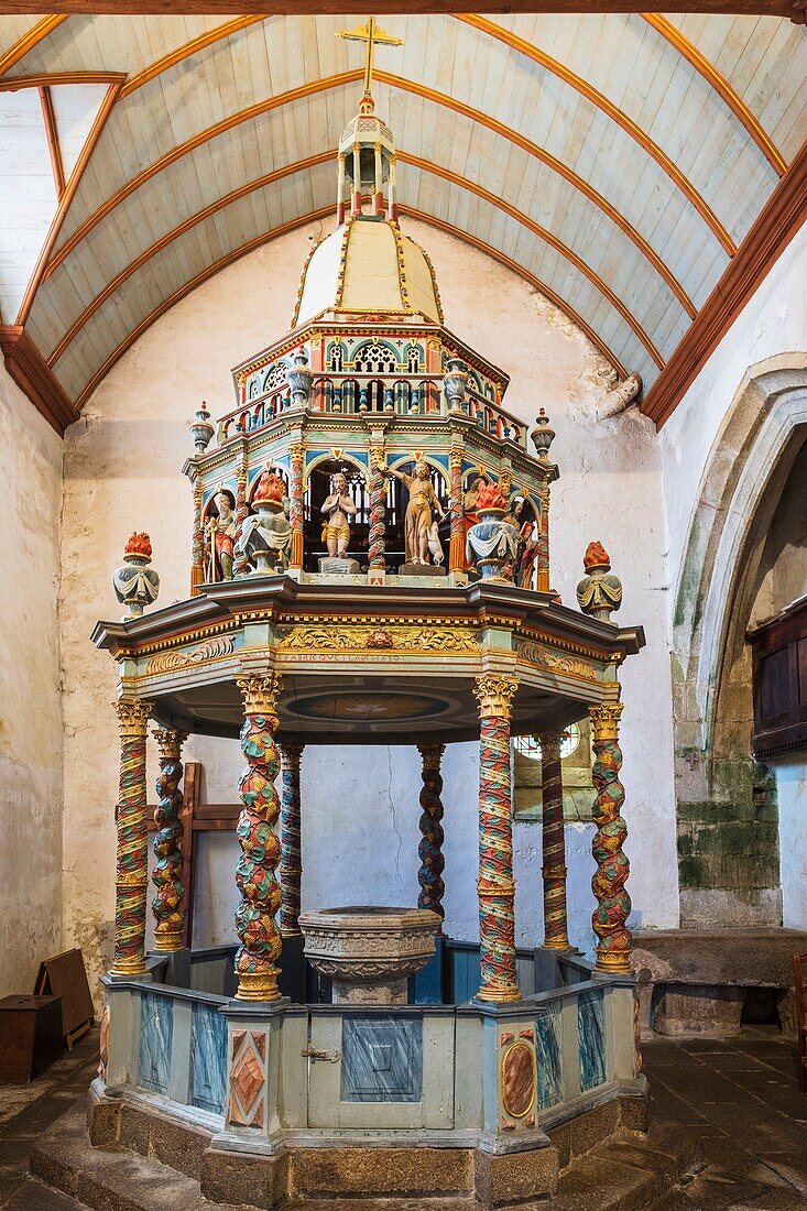France, Finistere, Lampaul Guimiliau Parish close, Notre Dame church, baptistery of the 17th century