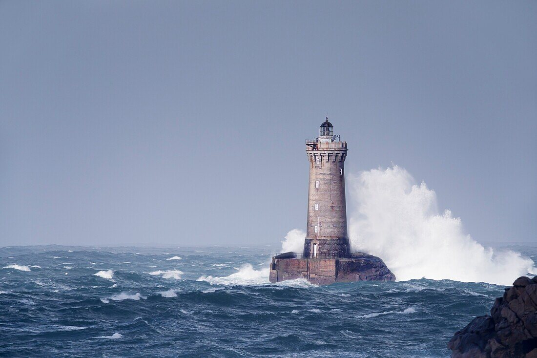 France, Finistere, Porspoder, Landunvez, Presqu'île de Saint Laurent, Chenal du Four, The Four lighthouse under storm, listed as Historical monument
