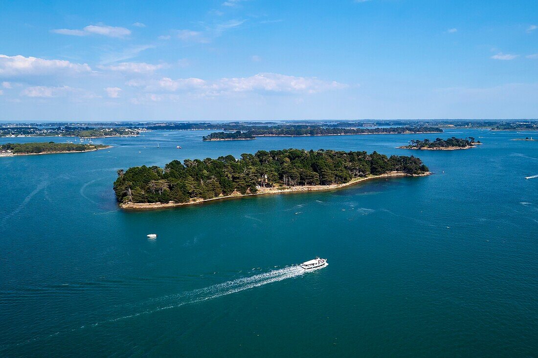 France, Morbihan, Gulf of Morbihan, Regional Natural Park of the Gulf of Morbihan, Baden, Island of er Runio (aerial view)