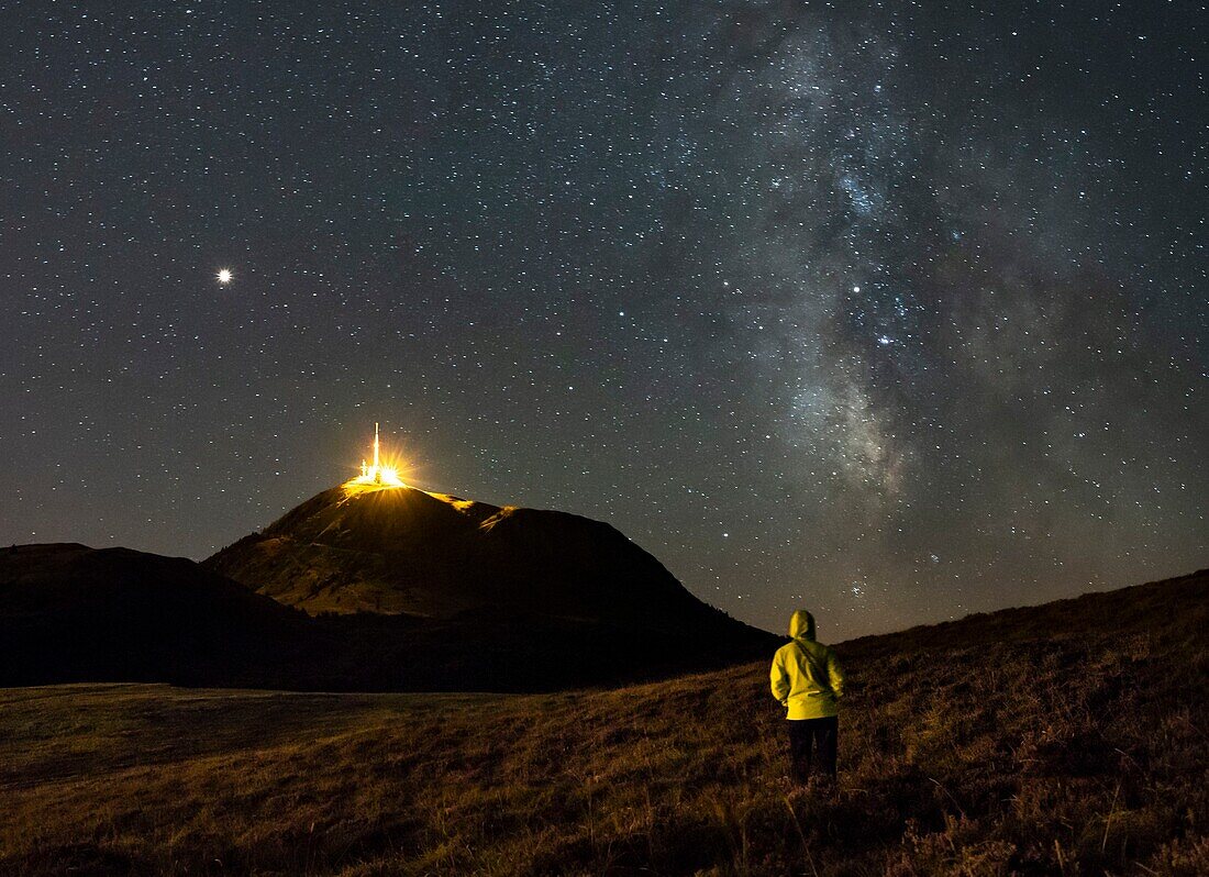 France, Puy de Dome, Orcines, Regional Natural Park of the Auvergne Volcanoes, the Chaîne des Puys, listed as World Heritage by UNESCO, night view of Puy de Dome volcano and the Milky Way