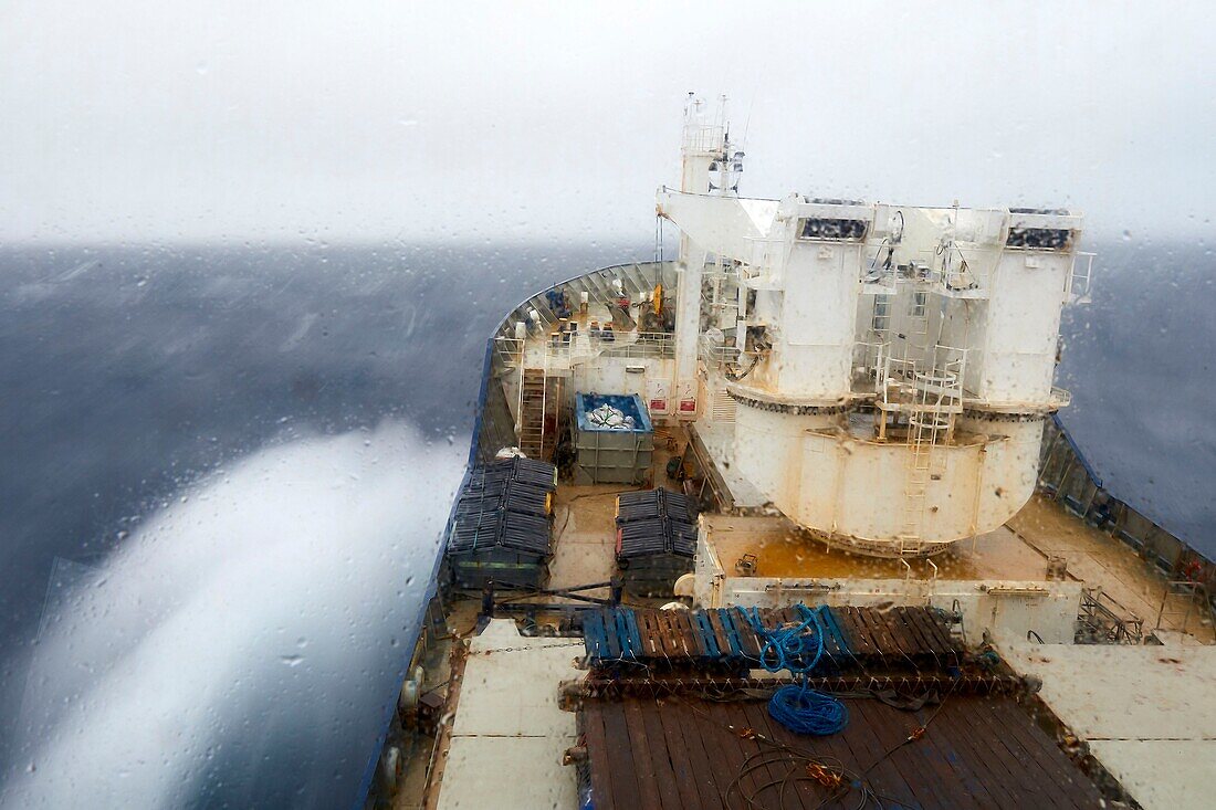 France, Indian Ocean, French Southern and Antarctic Lands listed as World Heritage by UNESCO, storm aboard the Marion Dufresne (supply ship of French Southern and Antarctic Territories) underway from Kerguelen Islands to Amsterdam Island