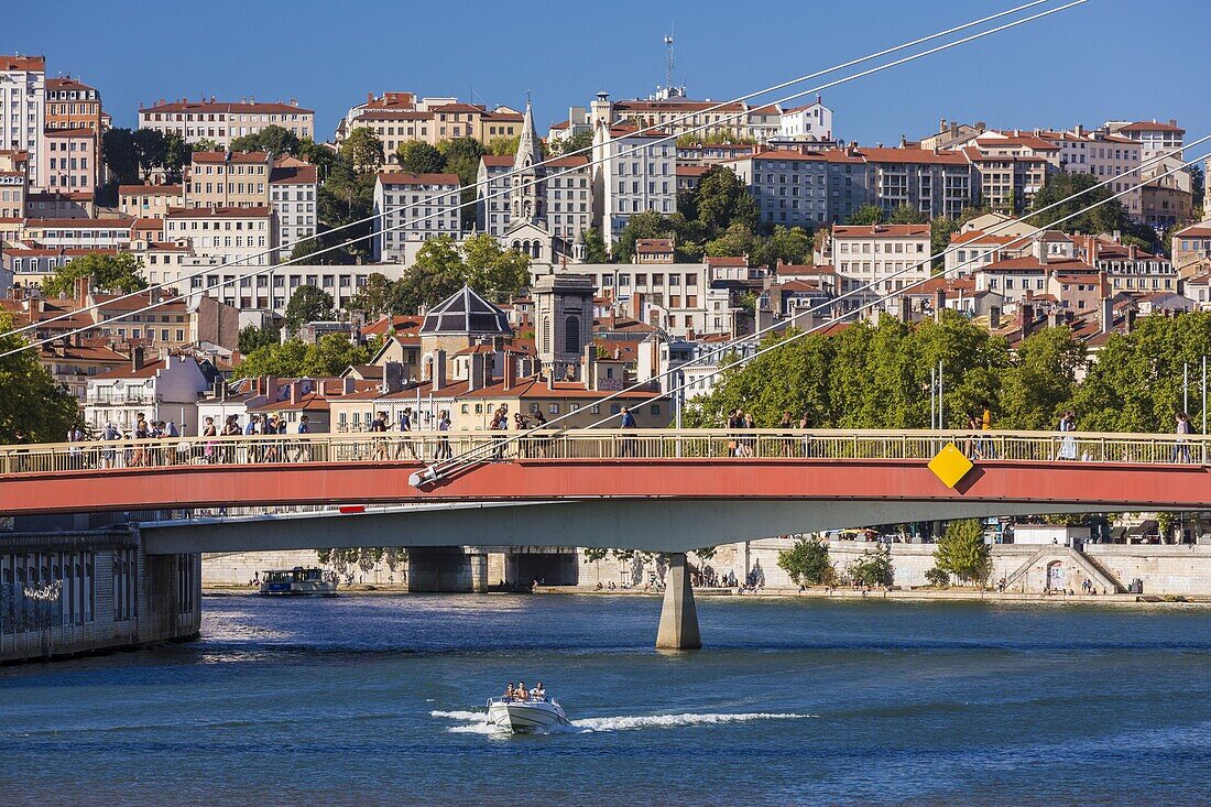 France, Rhone, Lyon, historical site listed as World Heritage by UNESCO, Vieux Lyon (Old Town), footbridge on the Saone river leading to the courthouse