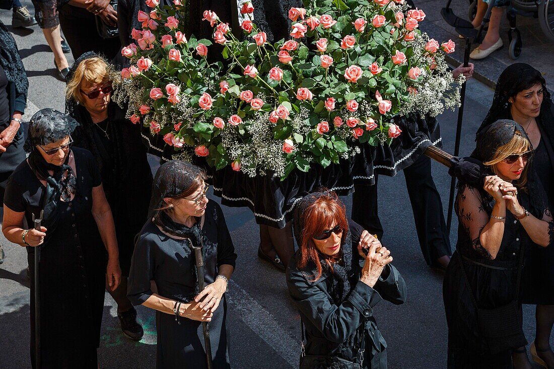 France, Pyrenees Orientales, Perpignan, Sanch procession on the streets of the historic old town of Perpignan