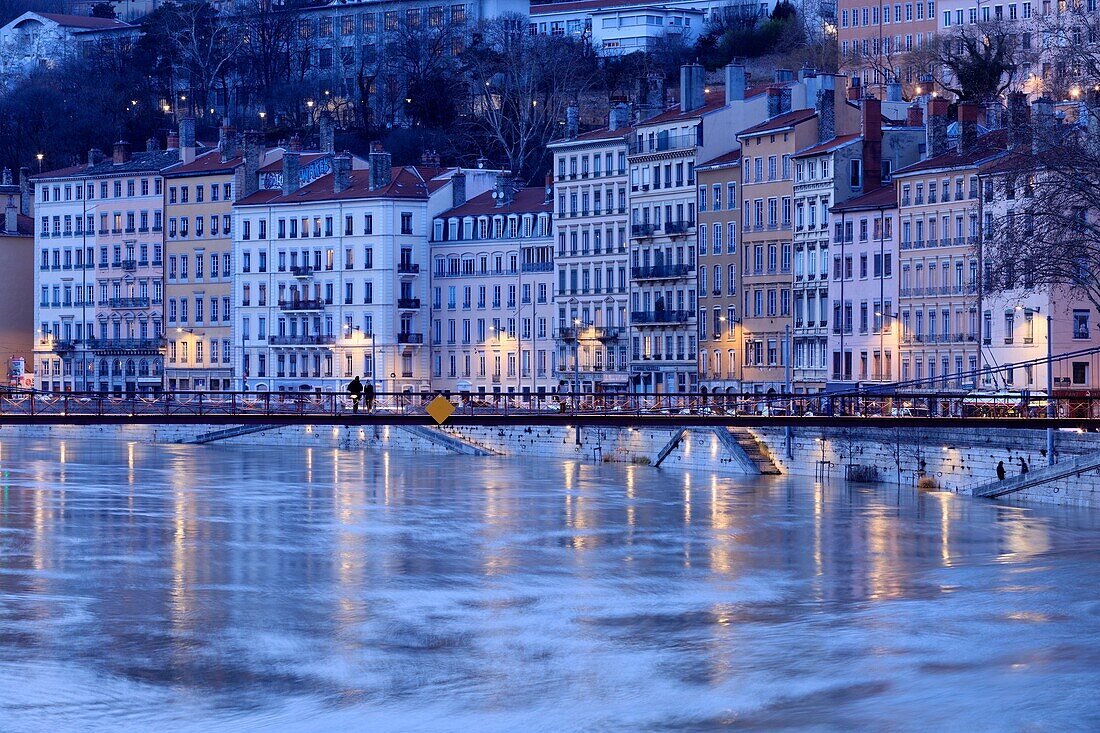 France, Rhône, Lyon, 1st district, Les Terreaux district, quai Saint Vincent, the Saint Vincent Footbridge on the Saône in flood