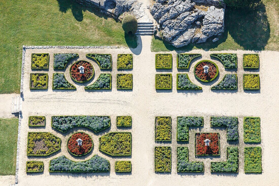 France, Charente Maritime, St Porchaire, la Roche Courbon castle garden (aerial view)