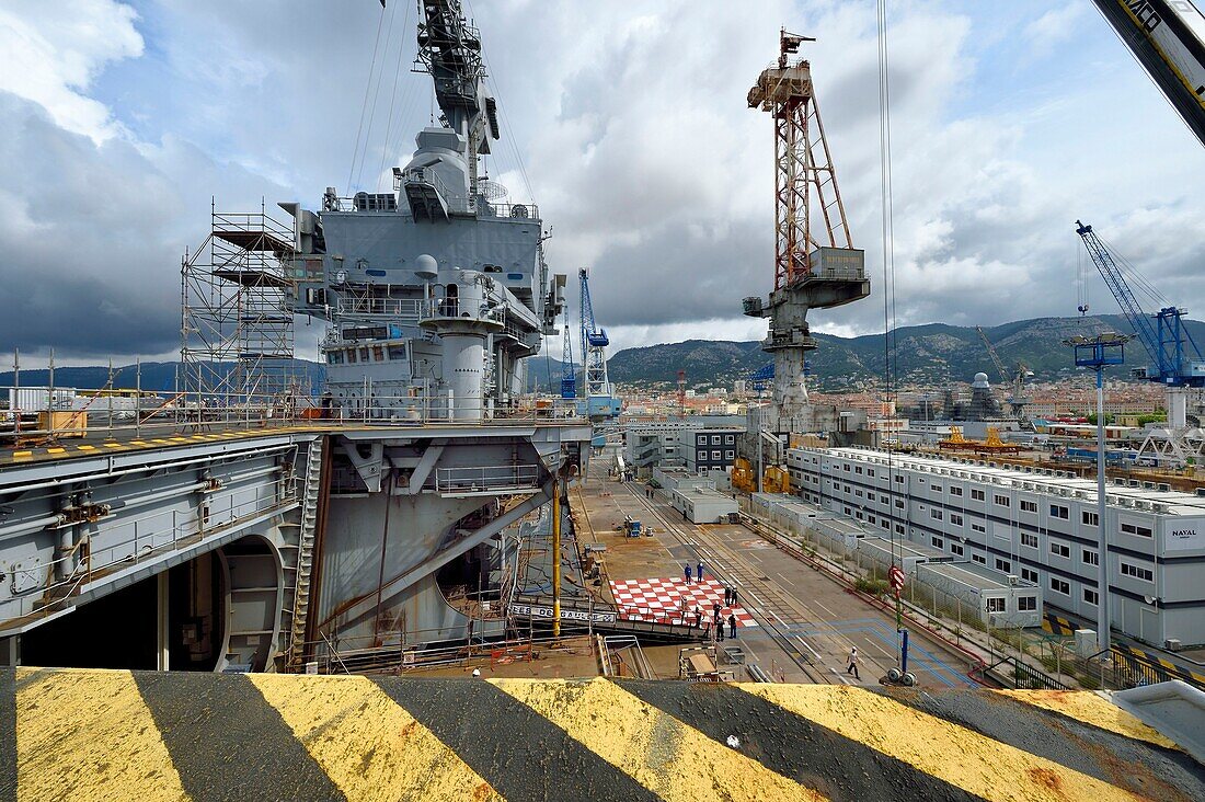 France, Var, Toulon, the naval base (Arsenal), the Charles de Gaulle nuclear powered aircraft carrier on mid life renovation, one of the giant elevators for the planes and the central island